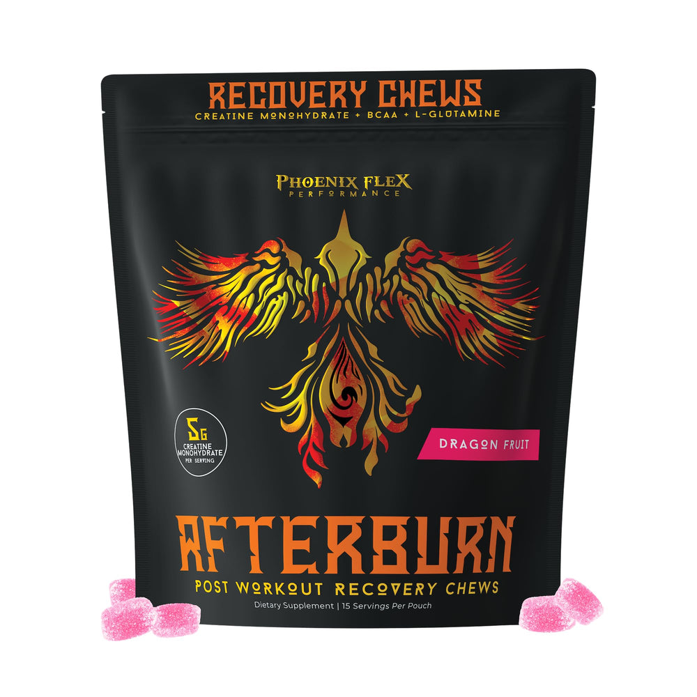 PHOENIX FLEX PERFORMANCE After Burn bottle front showing convenient recovery chews
