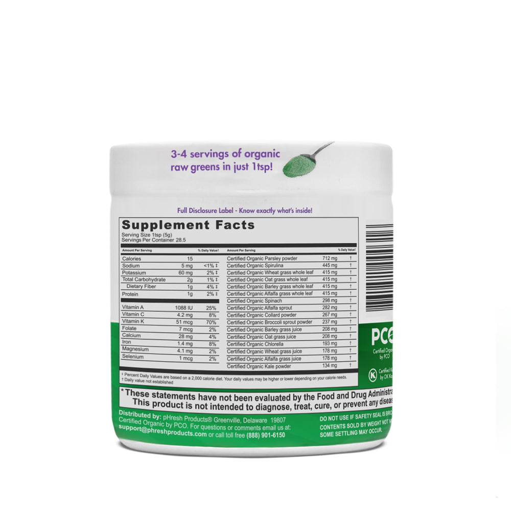 Phresh Greens ingredients bottle highlights an organic, nutrient-dense blend.
