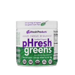 Phresh Greens raw powder tub demonstrates a gluten-free daily vitality option.