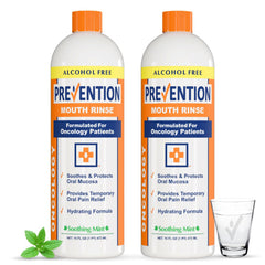 PHS Brands Prevention Oncology Mouthwash bottle on a sink, gentle alcohol-free oral care.