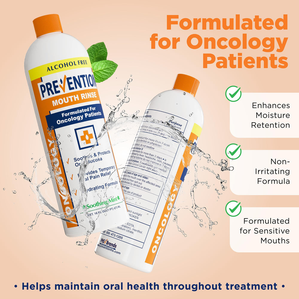 PHS Prevention Oncology Mouthwash label close-up showing alcohol-free soothing formula.