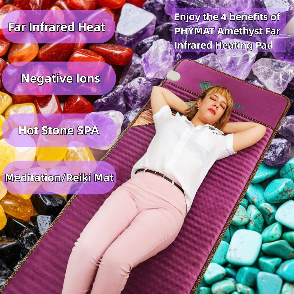 Close-up of amethyst and other gemstones on PHYMAT heating pad surface