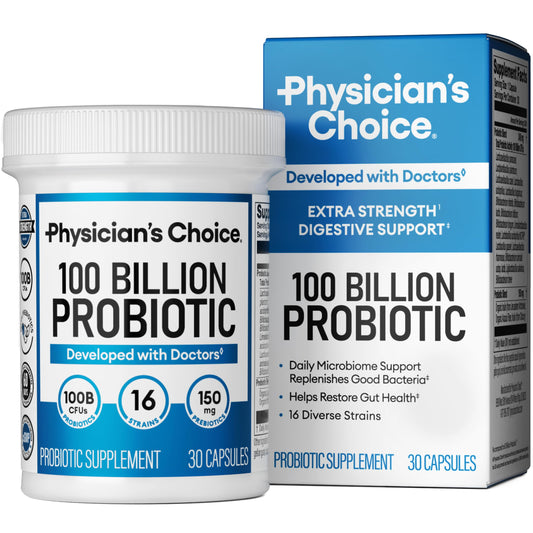 Physician's CHOICE 100 Billion Probiotic bottle highlighting 16 strains for daily gut balance.