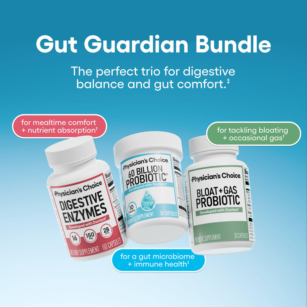 Physician's CHOICE 60B probiotic capsules closeup promoting gut flora balance.