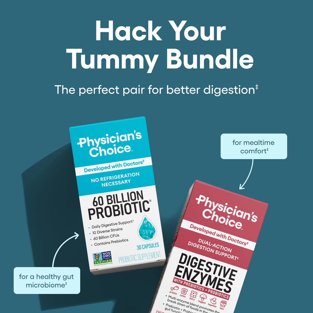 Physician's CHOICE Digestive Enzymes bottle helps with nutrient breakdown after meals.