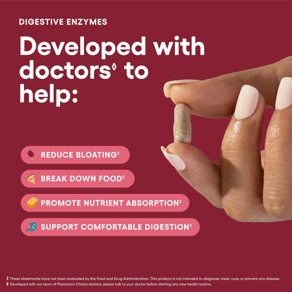 Physician's CHOICE Digestive Enzymes packaging highlights SBO probiotics and organic prebiotics