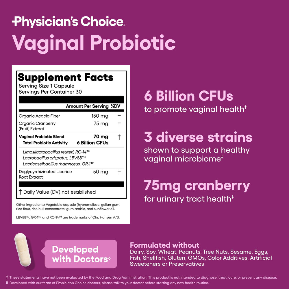 Physician's CHOICE Feminine Power Duo ingredients cranberry prebiotic illustrated for holistic care.