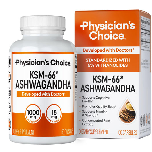 Physician's CHOICE KSM-66 ashwagandha bottle label highlights 60 vegan capsules for daily use