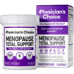 Physician's CHOICE Menopause Probiotic bottle label highlighting ingredients for balance