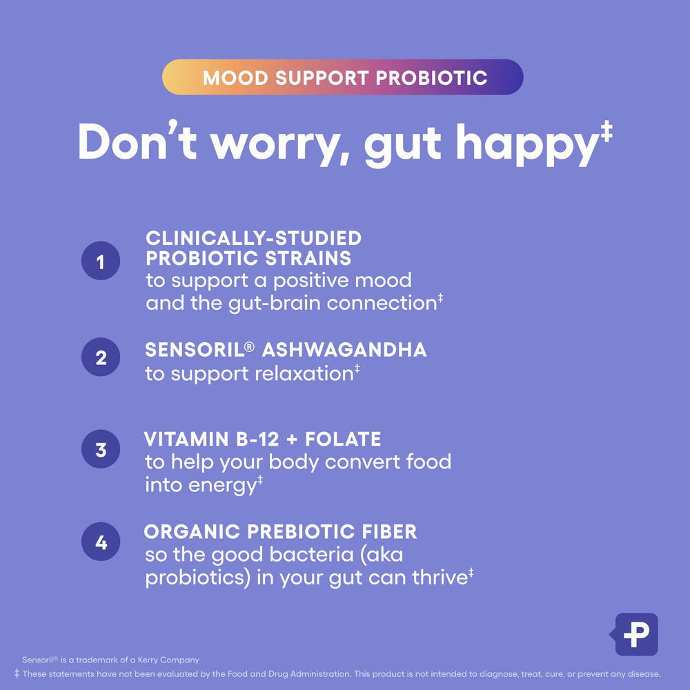 Physician's CHOICE Mood Probiotic with ashwagandha visuals suggest stress response support.