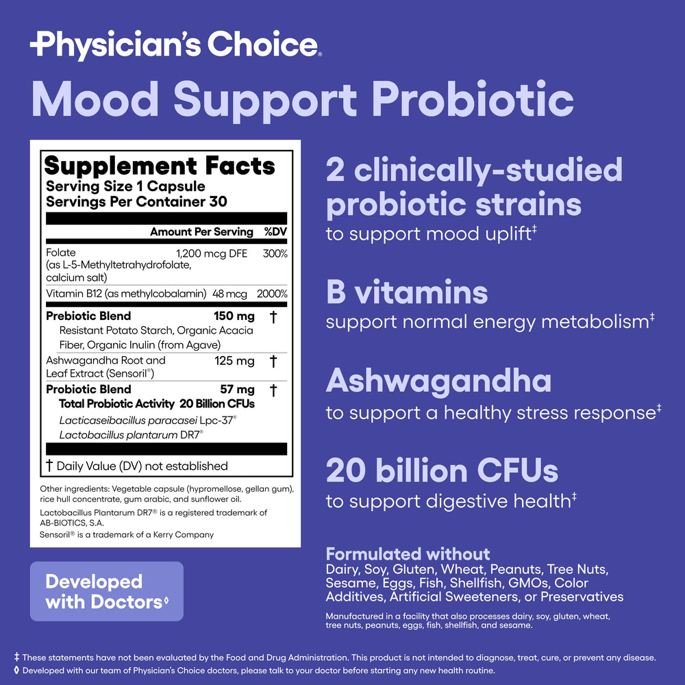 Physician's CHOICE Mood Probiotic label shows non-GMO USA-made quality.