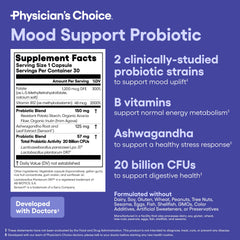 Physician's CHOICE Mood Probiotic label shows non-GMO USA-made quality.
