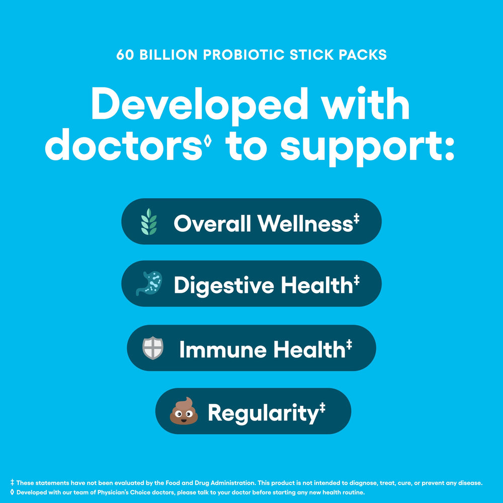 Physician's Choice organic prebiotics in stick form aid digestion.