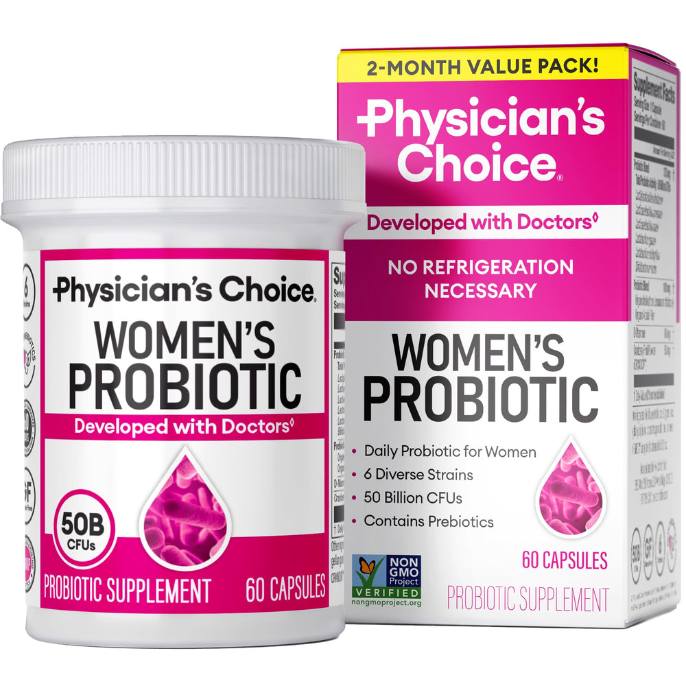 Physician's Choice Probiotics bottle front with 50B CFU and six targeted strains