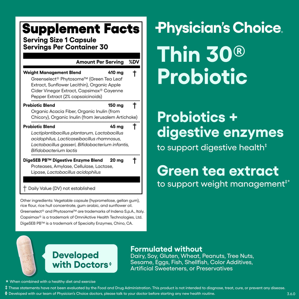 Physician's CHOICE probiotic bottle for daily gut health and weight goals.
