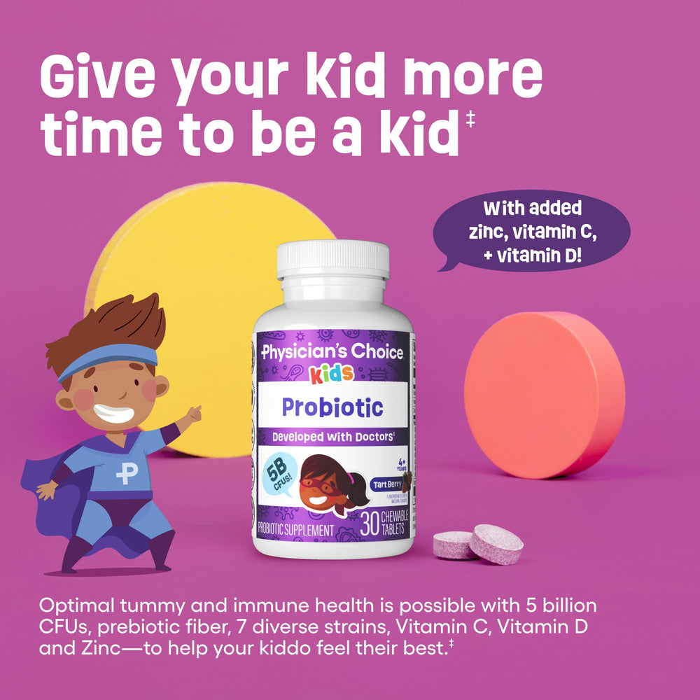 Physician's CHOICE Kids ingredients panel highlighting seven strains and vitamins