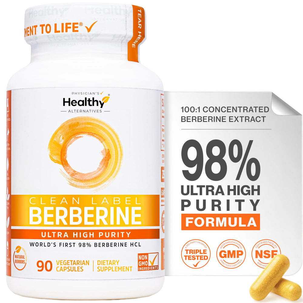 Physician's Healthy Alternatives clean label berberine bottle shows ultra-pure Berberine HCl for daily use