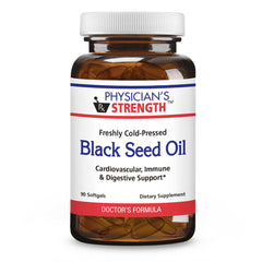 Physician's Strength black seed oil gelcaps, front view bottle for daily wellness support.