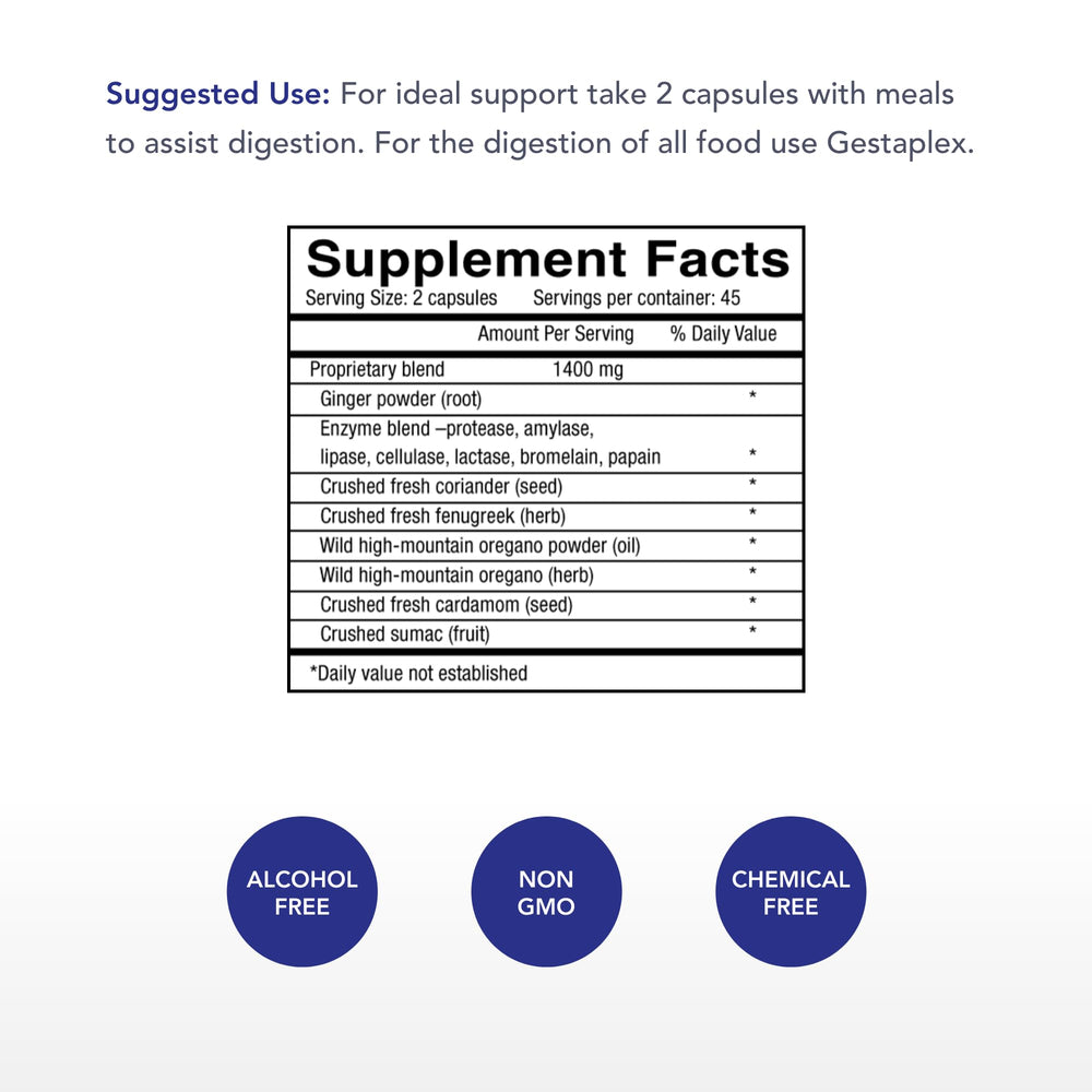 Gestaplex capsules close-up showing natural enzyme blend for digestion