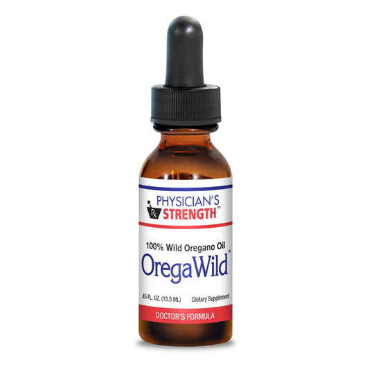 Physician's Strength OregaWild bottle showing wild oregano oil for daily use.