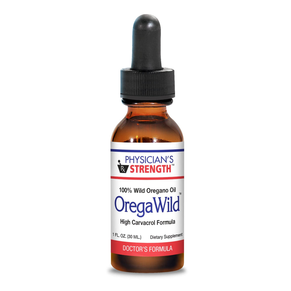 Physician's Strength OregaWild 30ml bottle showing pure wild oregano oil for daily use.