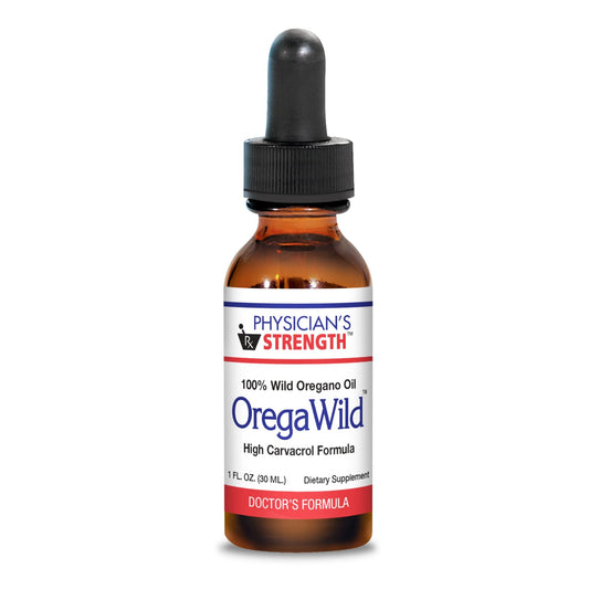 Physician's Strength OregaWild 30ml bottle showing pure wild oregano oil for daily use.
