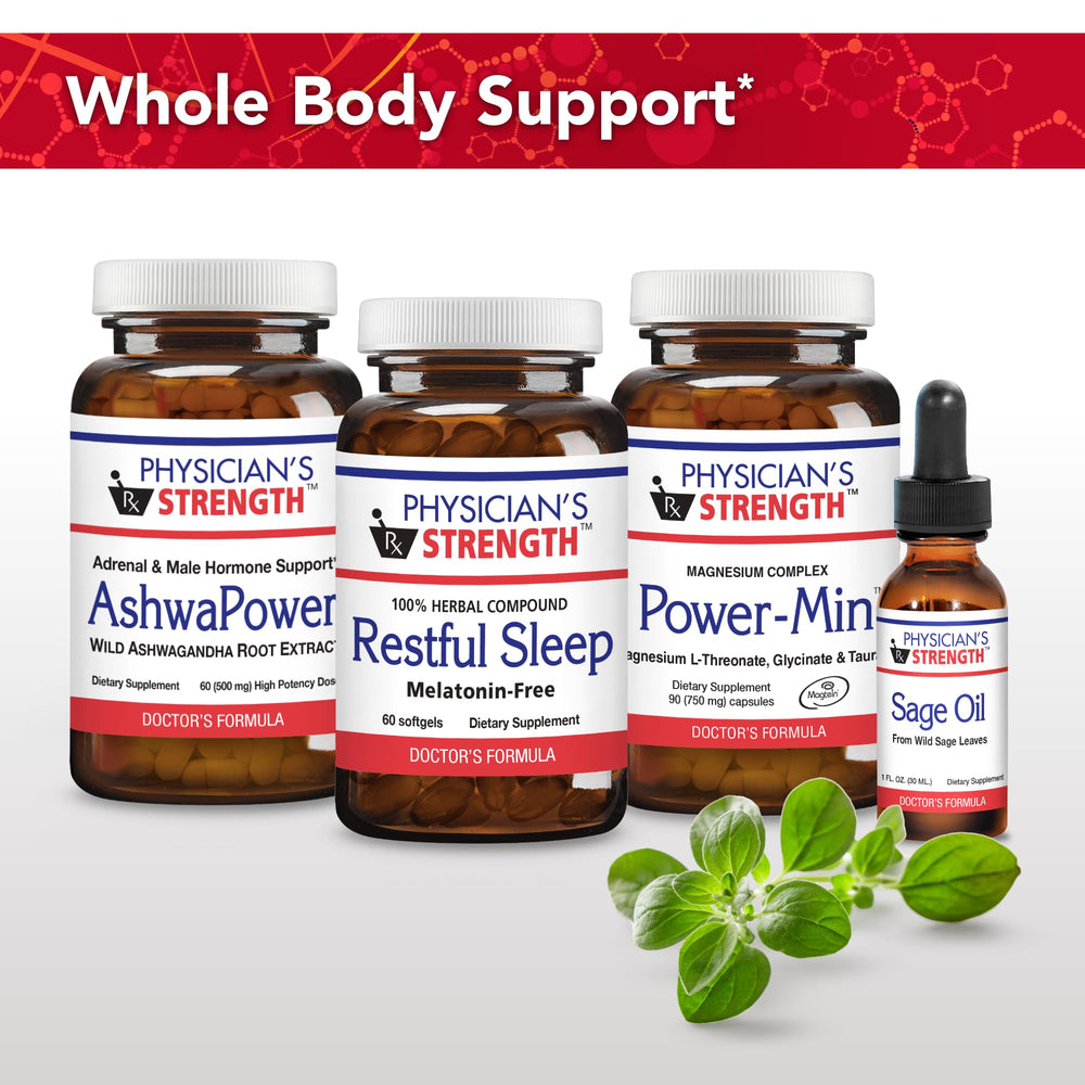 Packaging display for Physician's Strength Restful Sleep emphasizing 60 servings and herbal composition.
