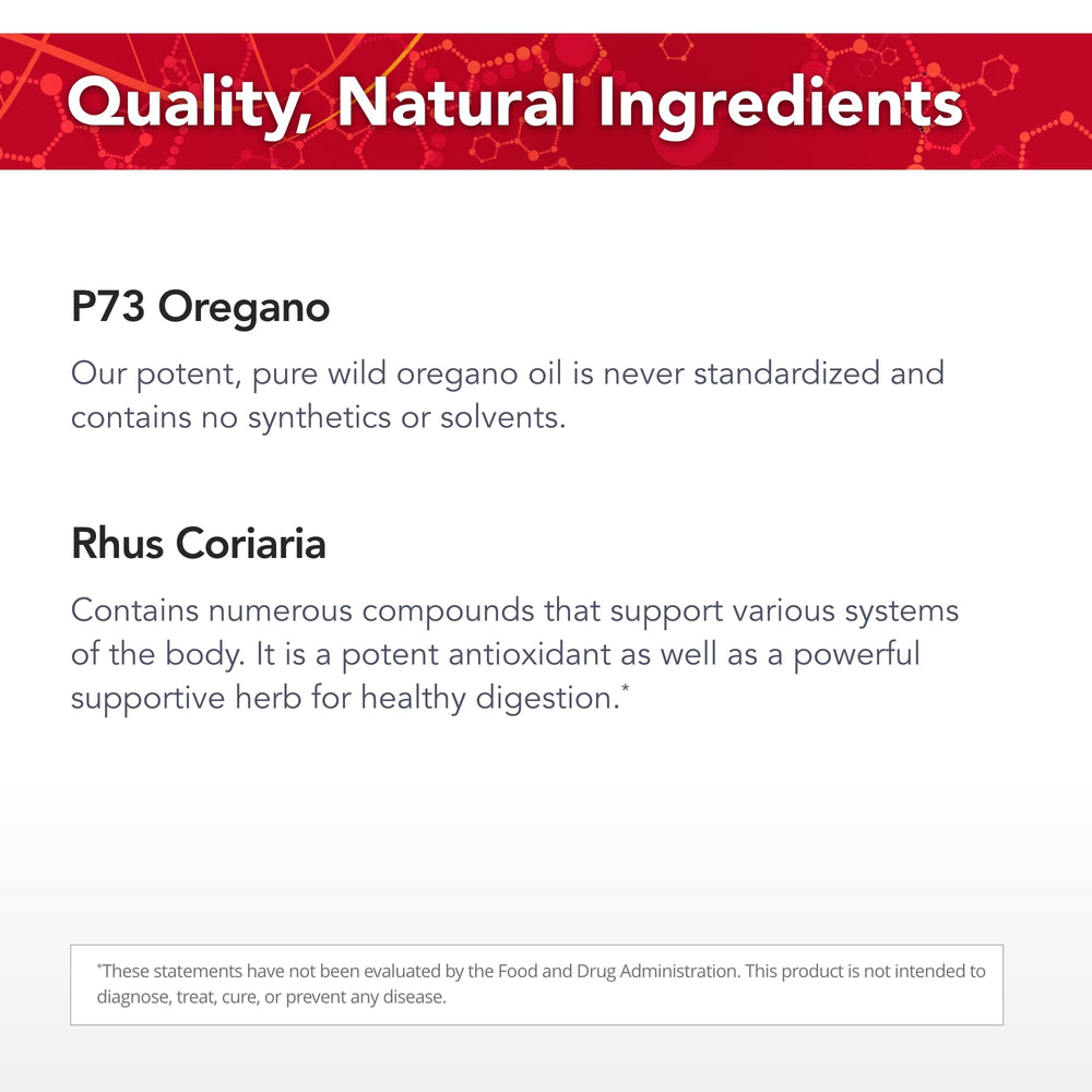Physician's Strength Wild Oregano-Plus label close-up highlighting digestion ingredients.