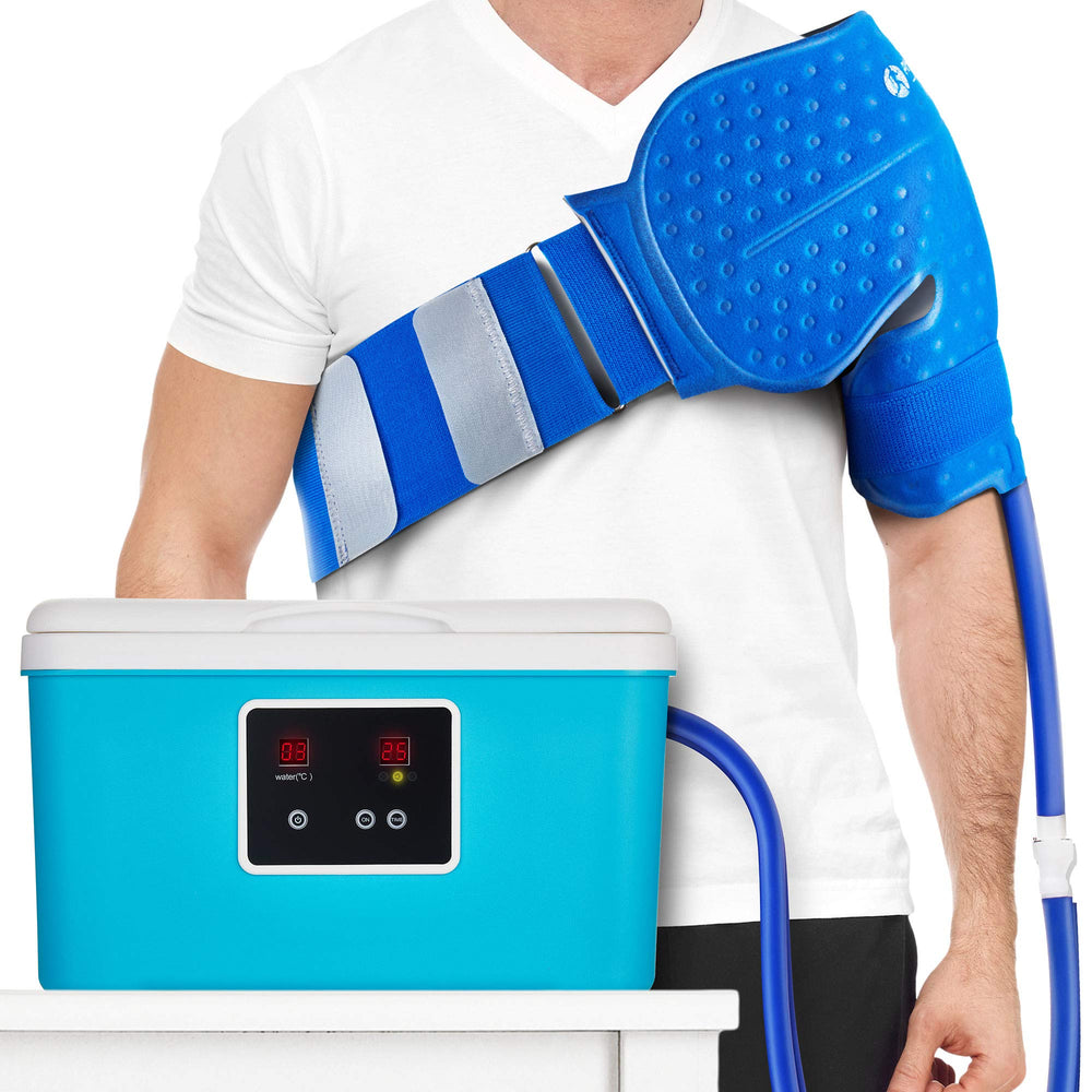 PhysioNatural cold therapy reservoir showing 9-quart capacity for home use.