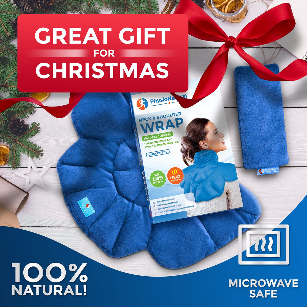 PhysioNatural microwavable heating pad shoulder wrap delivers soothing heat for shoulder stiffness.