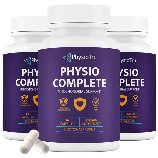 PhysioTru Physio Complete CoQ10 bottle front for easy daily energy support.