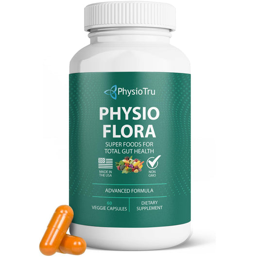 PhysioTru Physio Flora bottle front highlighting a gut-supporting formula.