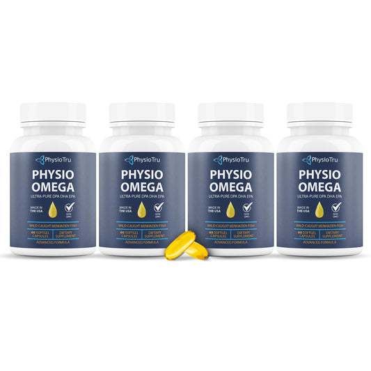 PhysioTru Physio Omega 2400mg bottle shows sustainable sourcing and easy-to-swallow softgels.