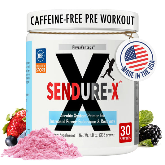 Physiovantage Sendure-X beetroot powder canister for clean pre-workout energy.