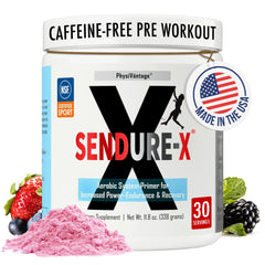 Physiovantage Sendure-X beetroot powder canister for clean pre-workout energy.