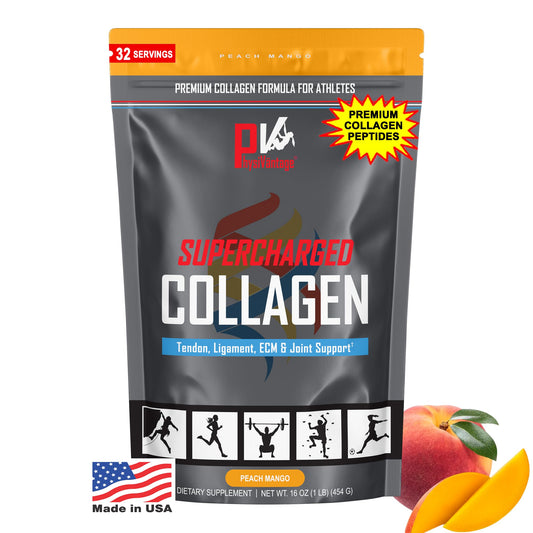 PhysiVantage Peach Mango collagen powder being poured for joint support
