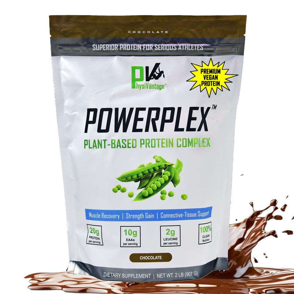 PhysiVantage Powerplex chocolate bottle shown for vegan protein versatility and post-workout use