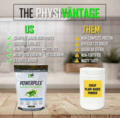 Ingredients label of Powerplex focusing on pea and brown rice protein sources