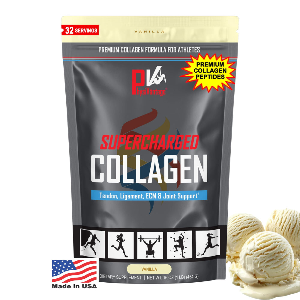PhysiVantage Supercharged Collagen Peptides Vanilla bottle pour for quick daily use.