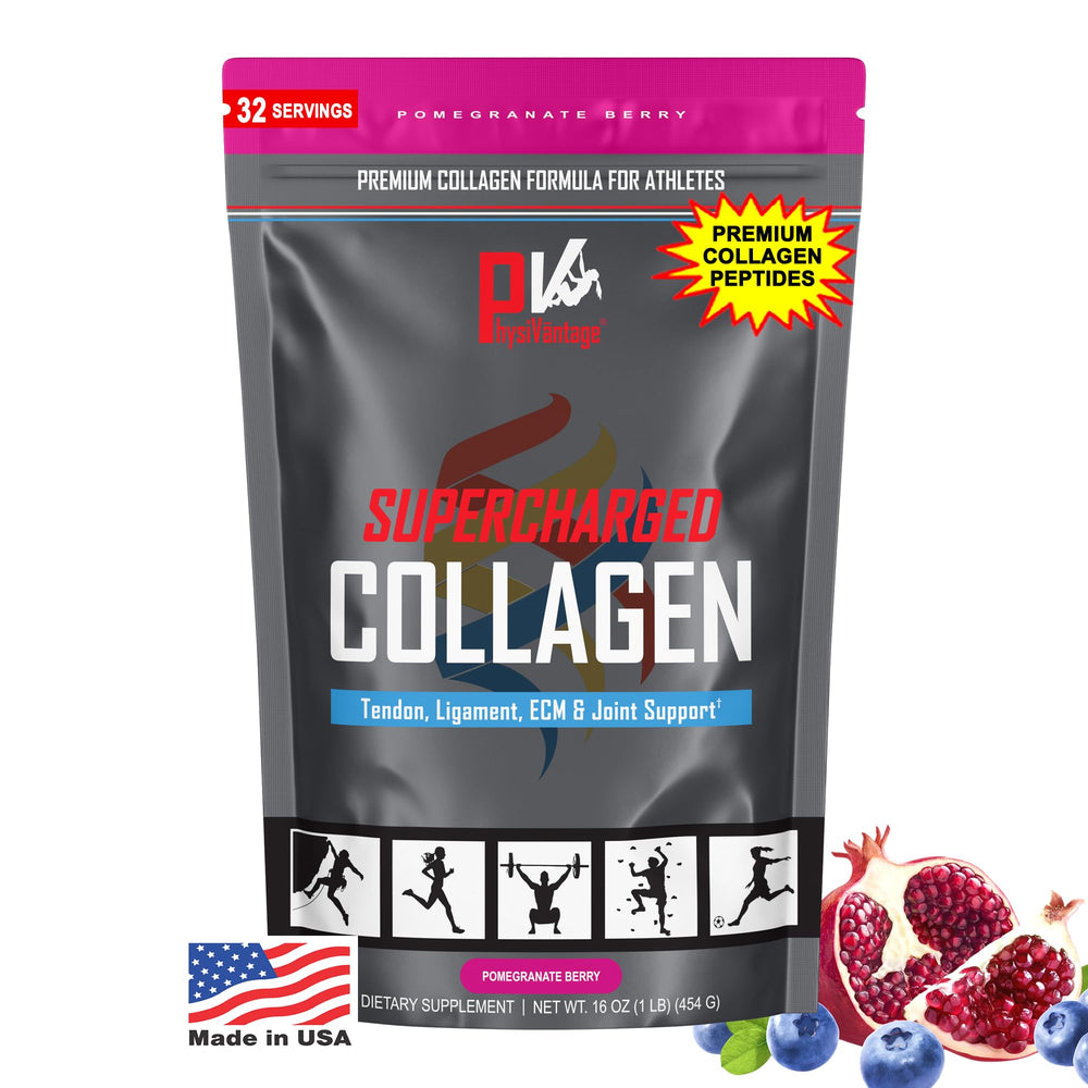 PhysiVantage Supercharged Collagen bottle front supports joints and skin health.