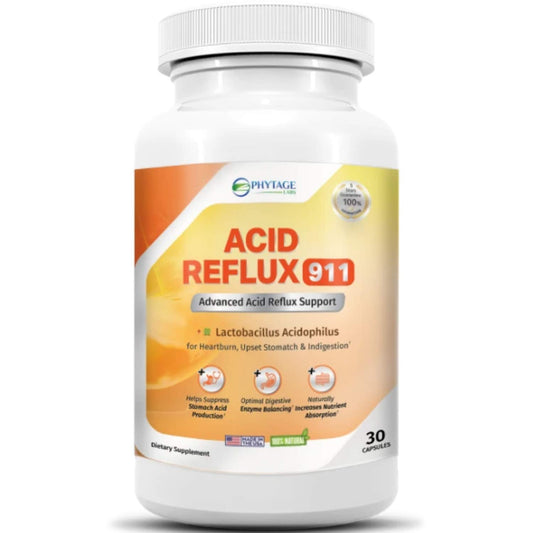Phytage Labs Acid Reflux 911 bottle suggests natural heartburn relief potential.