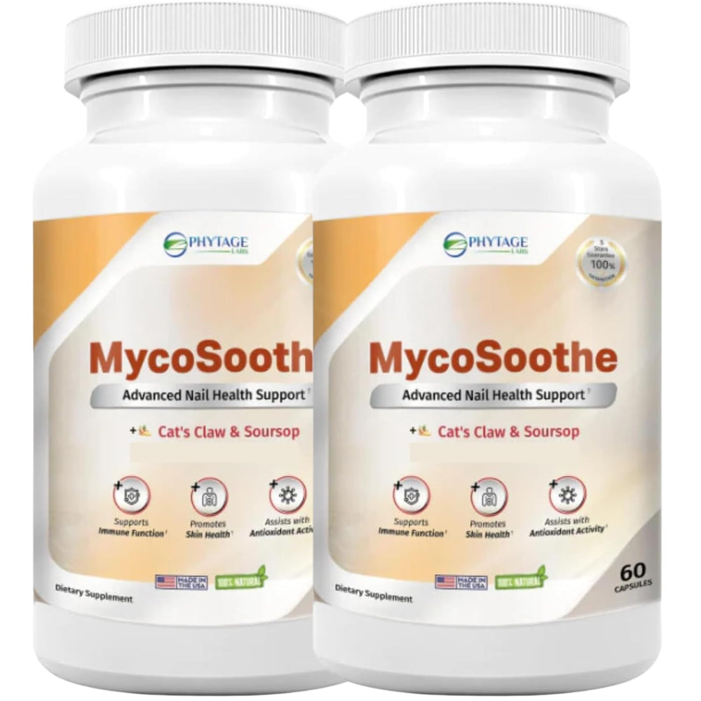 Phytage Labs MycoSoothe bottle and pack for nail health and immune support.