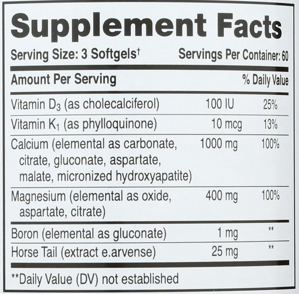 Phyto-Therapy softgels close-up shows 1000 mg calcium per serving.