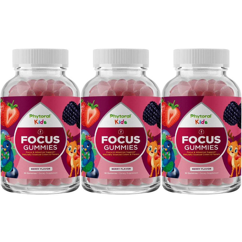 Phytoral Vegan Kids Focus Gummies bottle front supports concentration during homework tasks.