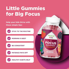Phytoral Vegan Kids Focus Gummies kids-holding demonstrates kid-friendly chews for focused study sessions.