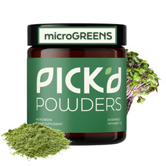 PICKD POWERS microgreens powder bottle with energy-focused use in smoothies