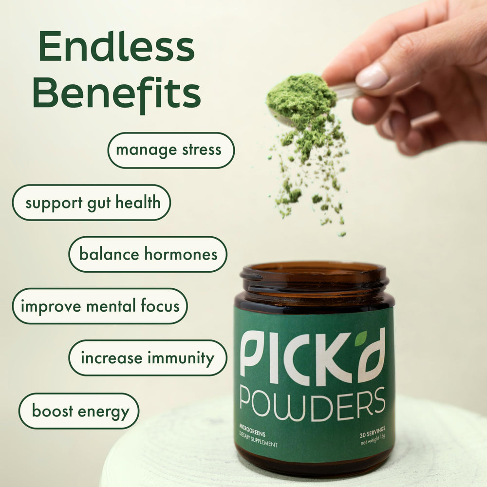 PICKD POWERS organic greens powder jar on kitchen counter for daily nutrition