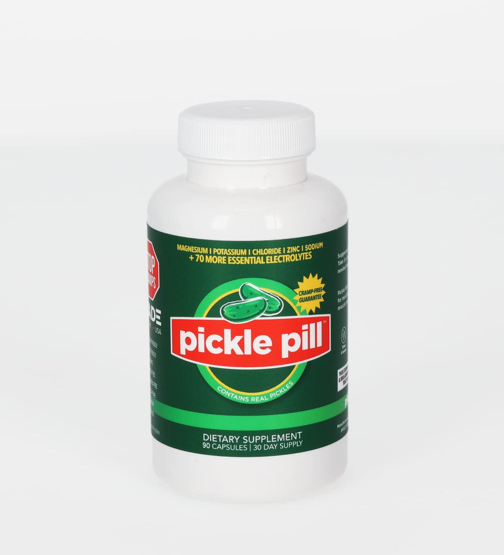 PicklePill Cramp Defense bottle front for daily electrolyte support during workouts.