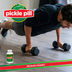 Close-up of PicklePill Cramp Defense capsules showing electrolyte blend for cramps.