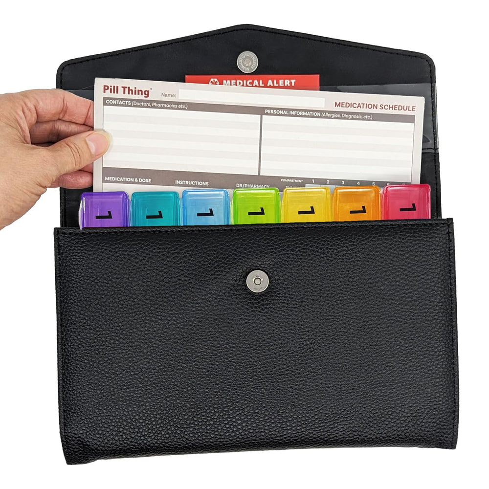 Pill Thing magnetic-closure wallet emphasizes discreet, secure travel storage.